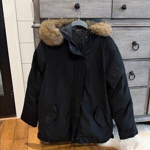 Old Navy Black Winter Parka with Faux Fur Hood Trim